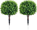 Artificial Topiary Tree with Eucalyptus, Set of 2 UV Resistant 17in Miniature Trees, Outdoor for Porch, Fake Bonsai Topiaries, Greenery Balls, Faux Shrubs for Planters, Curb Appeal Decor
