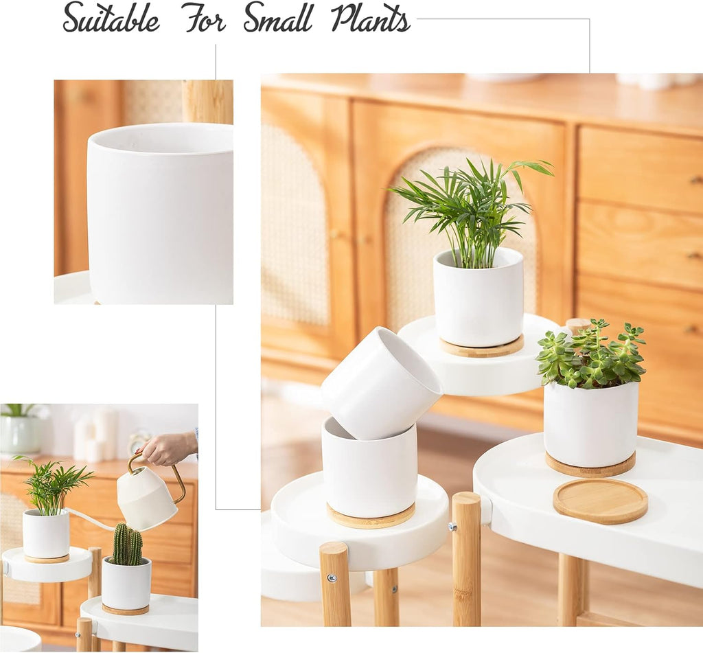 OMAYKEY 4 Inch Ceramic Plant Pot with Saucer, White Planters Pots with Drainage Hole and Mesh Pads for Succulent, Snake, Cactus, Herbs - 4 Packs(Plant Not Included)
