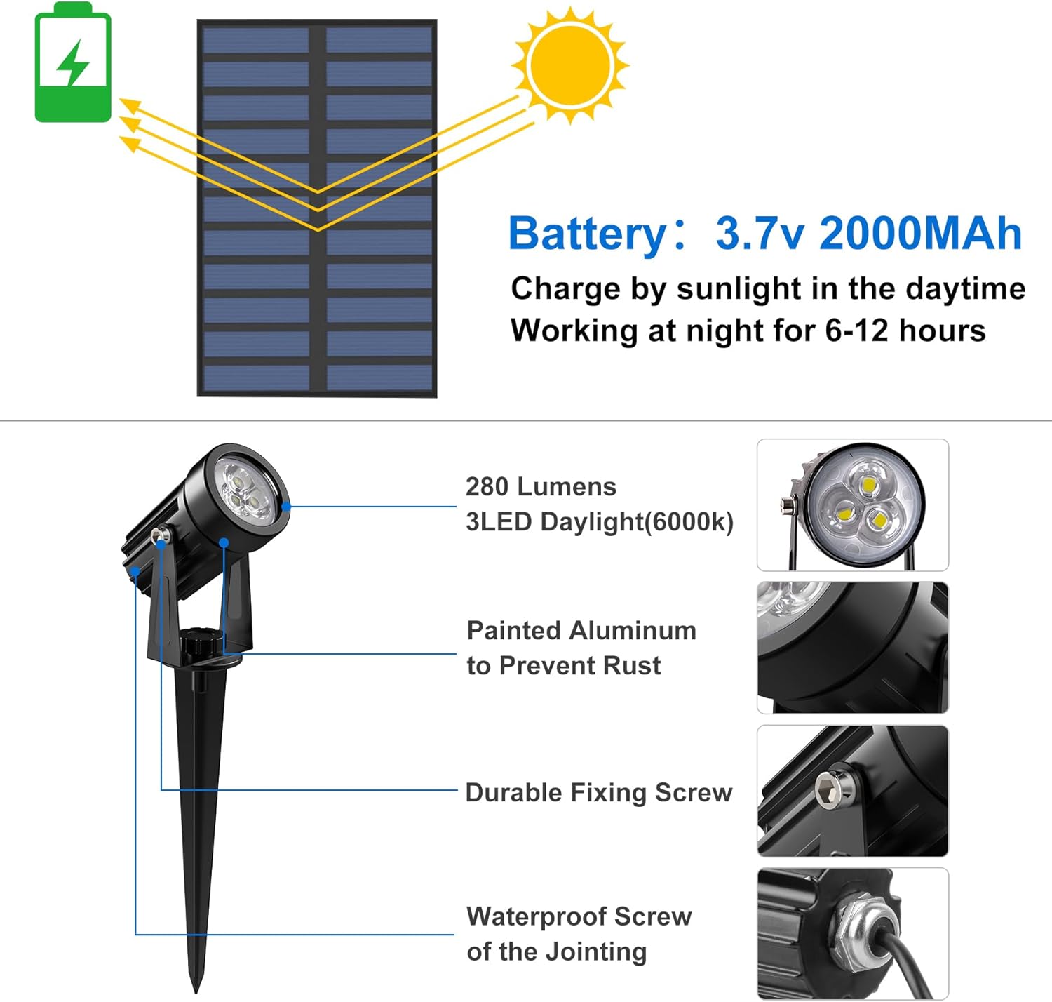 Solar Spot Lights Outdoor, Solar Landscape Spotlights IP65 Waterproof 9.8ft Cable,Auto On/Off Outdoor Wall Lights for Garden Yard Driveway Porch Walkway Pool (6000K White)