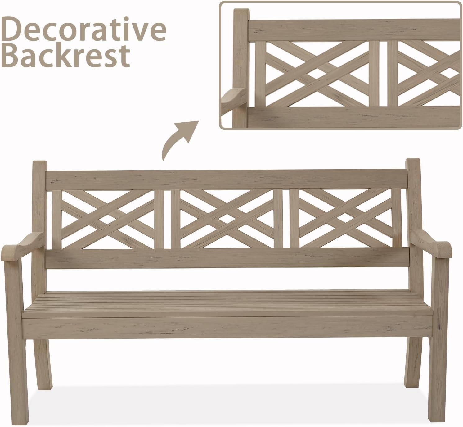 Psilvam 63''W All-Weather Poly Lumber Outdoor Bench – Teak Color, 3-Person Garden Bench with Decorative Backrest & Curved Armrests, Anti-Rot & Fade-Free Patio Bench for Porch, Backyard, and Park(Grey)