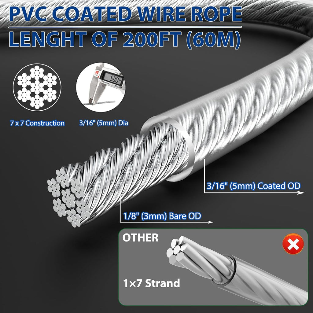304 Stainless Steel Turnbuckles for Cables Wire Kit, 3/16" Wire Rope w/ 7×7 Strands 200 Ft PVC Coated Steel Cable for Railing System Kit, Garden Cable Trellis, String Light Hanging