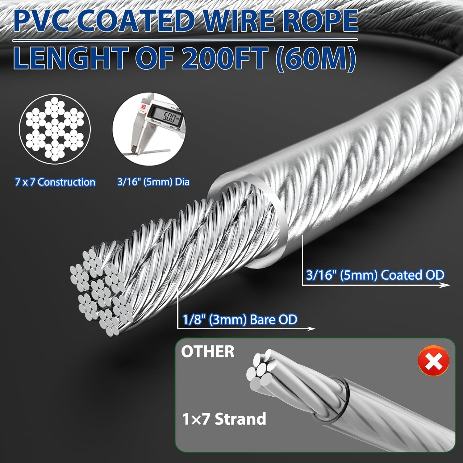 304 Stainless Steel Turnbuckles for Cables Wire Kit, 3/16" Wire Rope w/ 7×7 Strands 200 Ft PVC Coated Steel Cable for Railing System Kit, Garden Cable Trellis, String Light Hanging