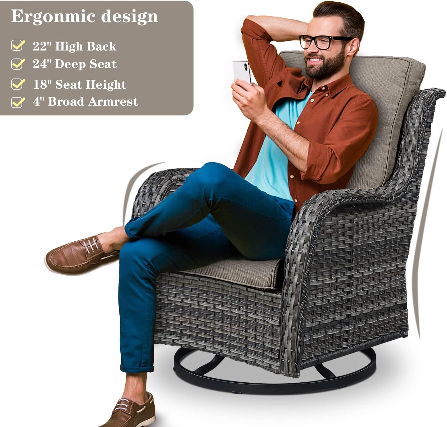 Wicker Patio Furniture Sets - 13 Piece Outdoor Rattan Furniture Conversation Sets with 4 Swivel Rocker Chairs, 2 Rattan Sofas, Wicker Ottomans and Coffee Table, Mixed Grey/Grey