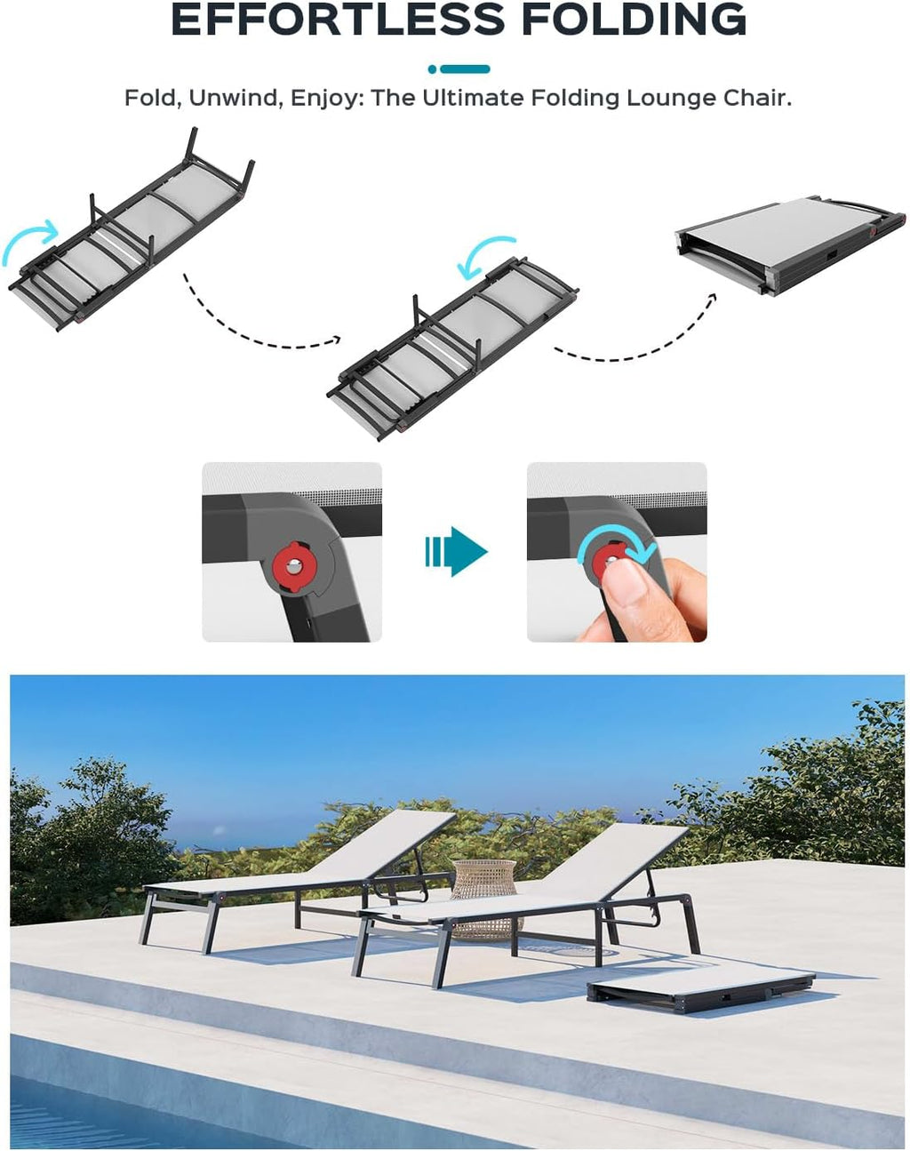 Patio Chaise Lounge Chair, Foldable Lounge Chair for Outside, Aluminum Chairs Set of 2 with 5 Adjustable Backrest, Outdoor Pool Lounger for Poolside, Lawn, Deck, White