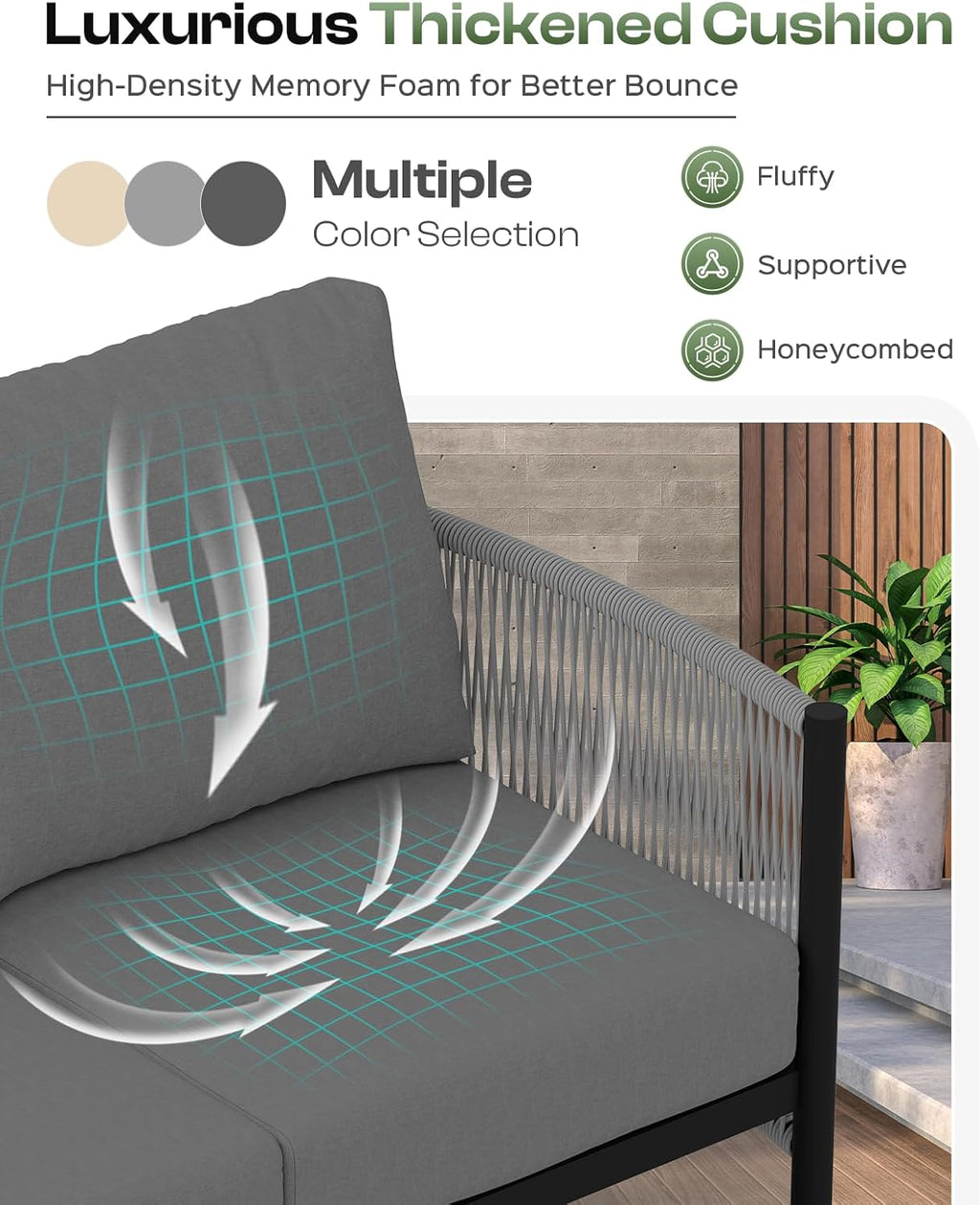 Aluminum Outdoor Patio Couch, 3 Seats HDPE Rope Patio Sofa with Washable Thick Cushion, All-Weather Patio Furniture for Balcony, Yard, Gray Frame, Charcoal
