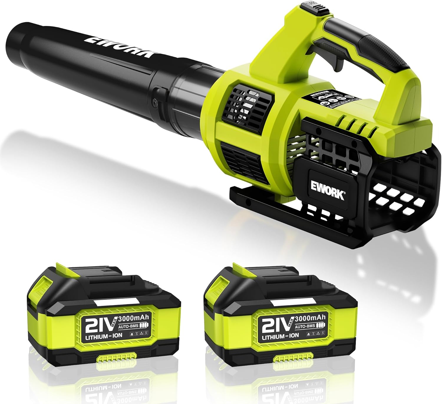 EWORK 21V Cordless Leaf Blower, Powerful Turbo Mode & 550 CFM, 2×3.0Ah Batteries & Fast Charger, Lightweight Electric Leaf Blowers for Lawn Care, Patio, Leaves & Dust