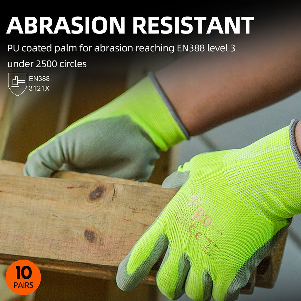 Vgo... 10-Pairs Safety Work Gloves, Gardening Gloves, Polyurethane Coated, Dipping Gloves, Latex Free (Size M, Yellow, PU2103)