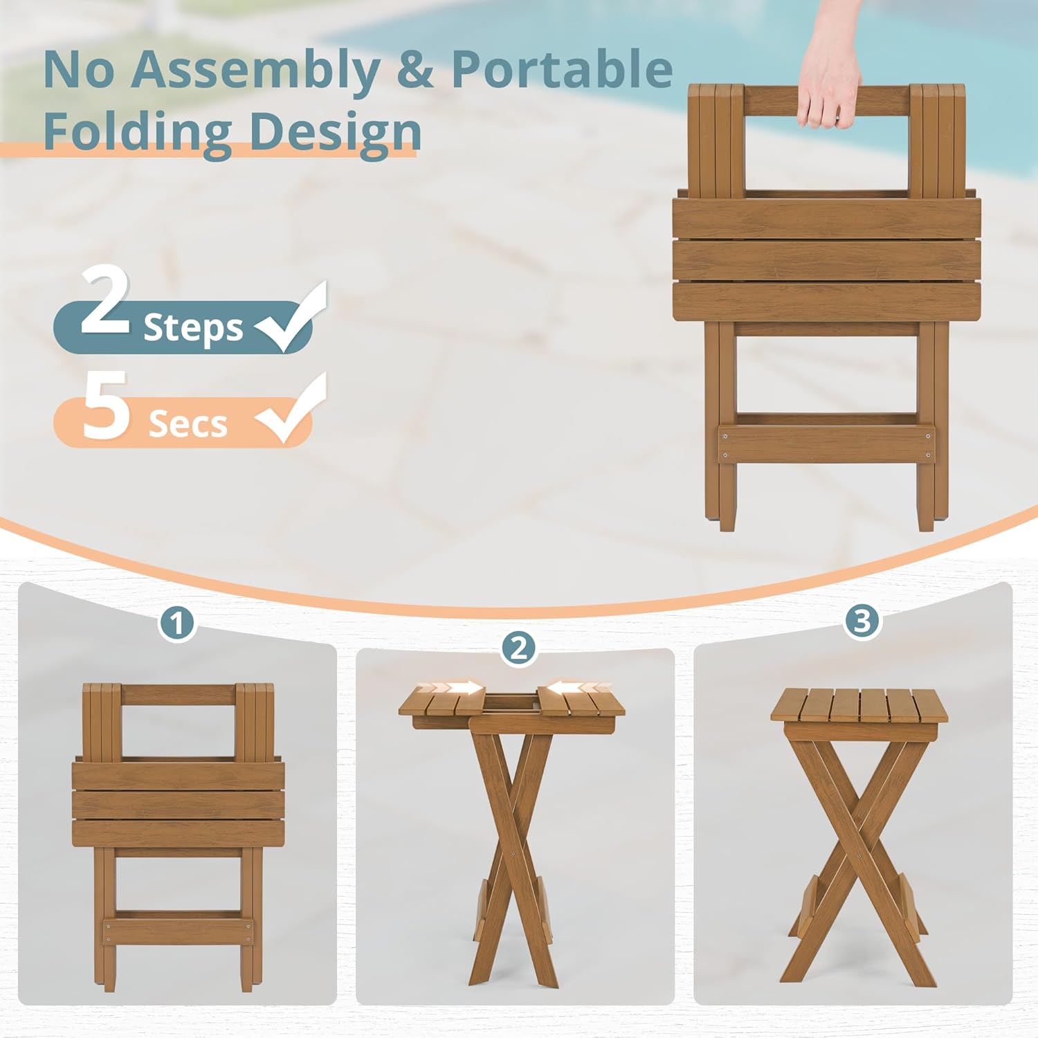LUE BONA 27 inch Folding Side Table, HDPS Outside End Table for Patio, Porch, Deck, Pool, Weather Resistant, Teak Color Oil Printed