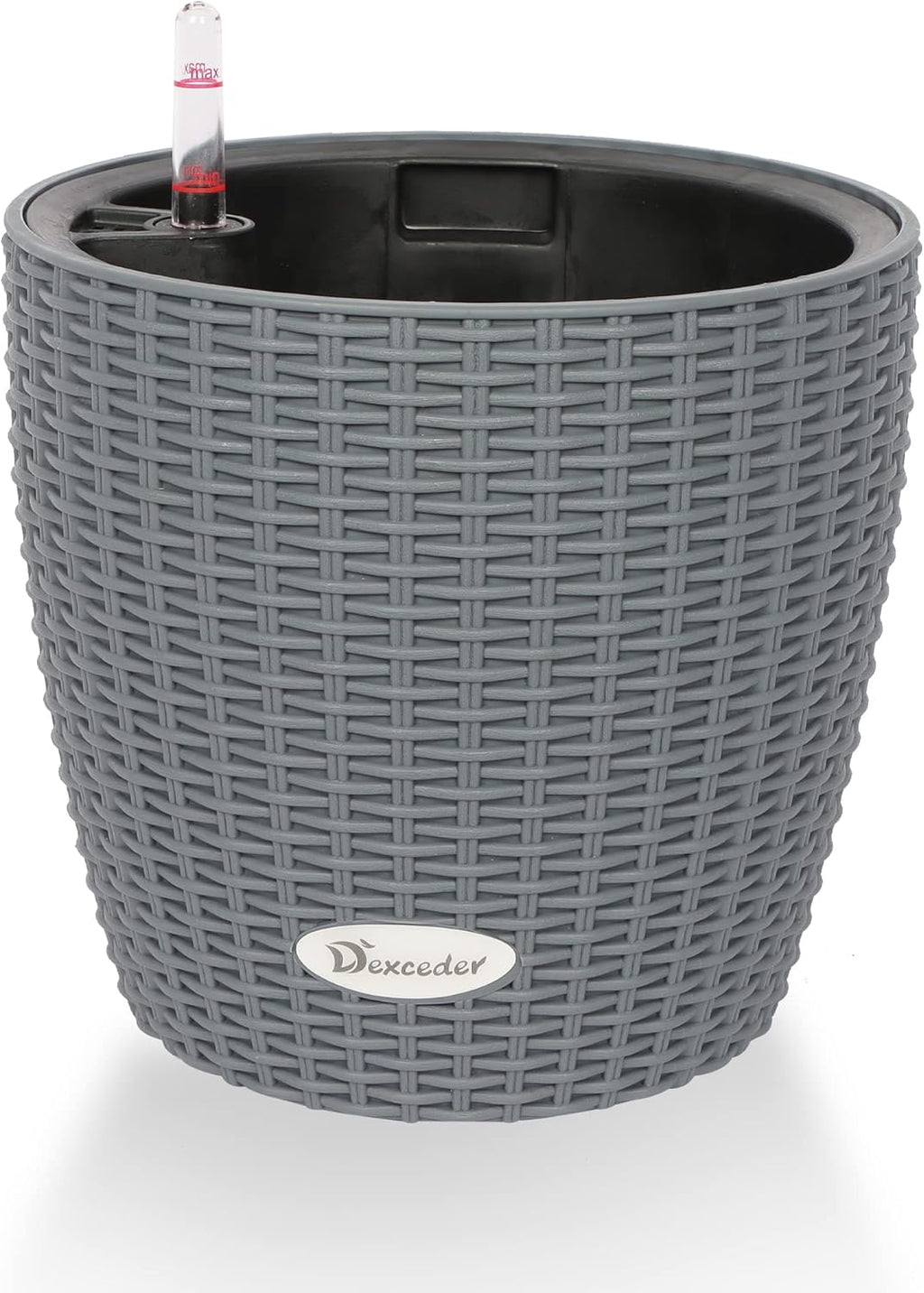 Dexceder 9x8 Inches Rattan Self Watering Planter Indoor Outdoor, Inner Pot Design, Thickened Table Flower Plant Pot with Water Level Indicator (Deep Gray)