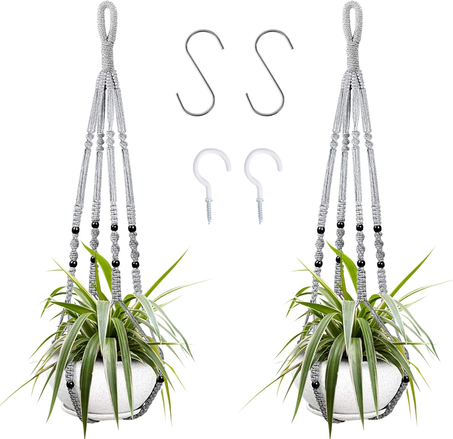 Augshy 2 Packs Macrame Hanging Planter, Indoor Hanging Planter Basket with Wood Beads Decorative Macrame Pot Hanger for Home Decor (Grey)