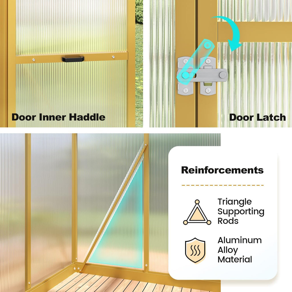 KING BIRD Greenhouse for Outdoors, 4x6 FT Polycarbonate Walk-in Green House, Quick-Setup Aluminum Frame UV Resistant Panel for Outside Garden Backyard W/ Lockable Screen Door, Vent, Wood-Like