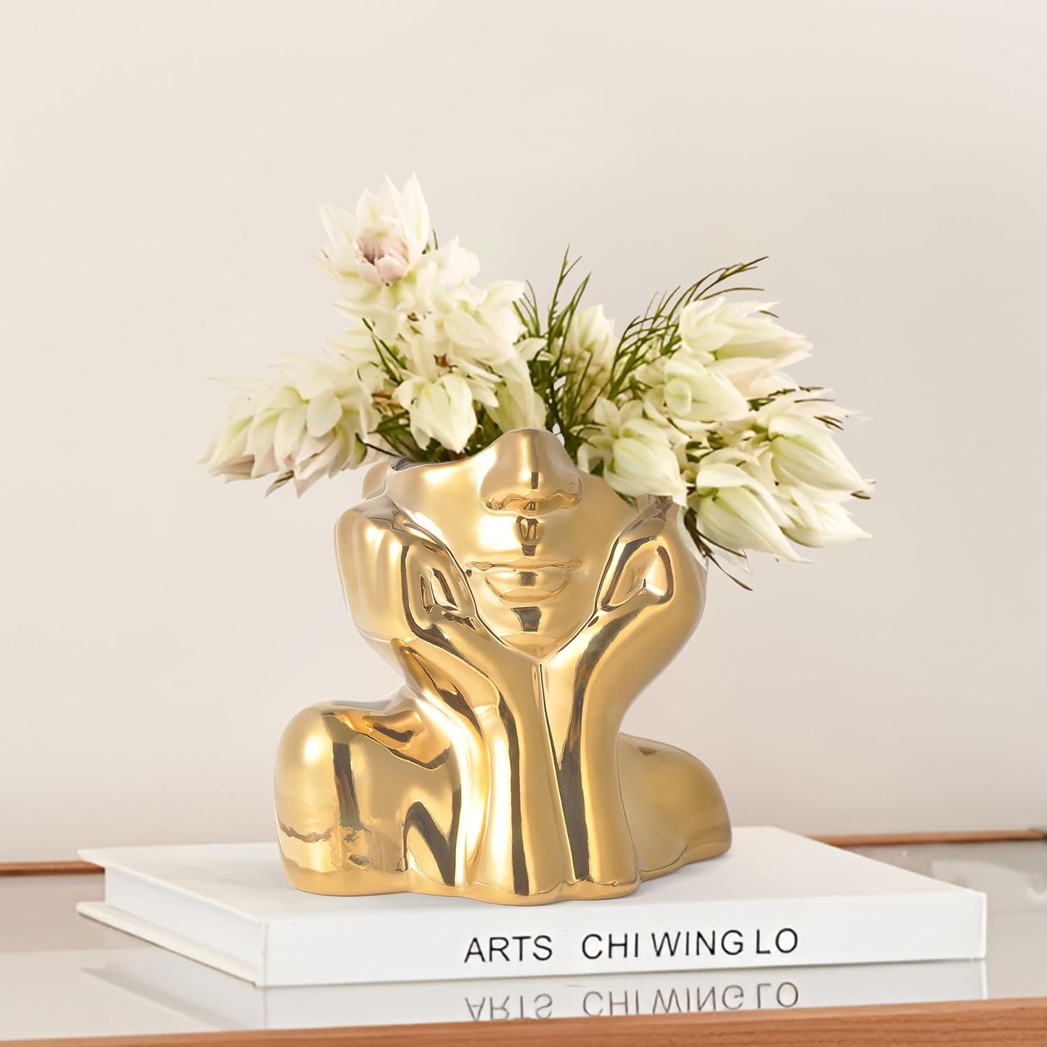 Gold Ceramic Human Face Decorative Vase - Shy Posture Modern Art Desktop Display for Bookshelf, Living Room, Office, Bedroom