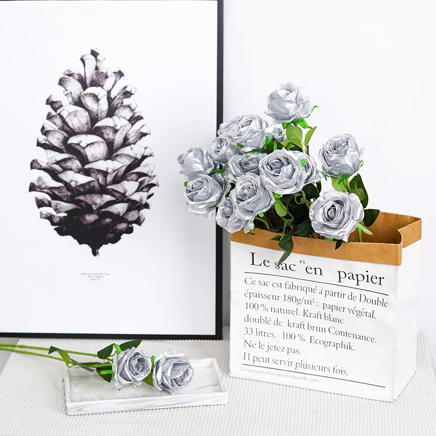 Hawesome 12PCS Artificial Silk Flowers Realistic Roses Bouquet Long Stem for Home Wedding Decoration Party (Silver 1)