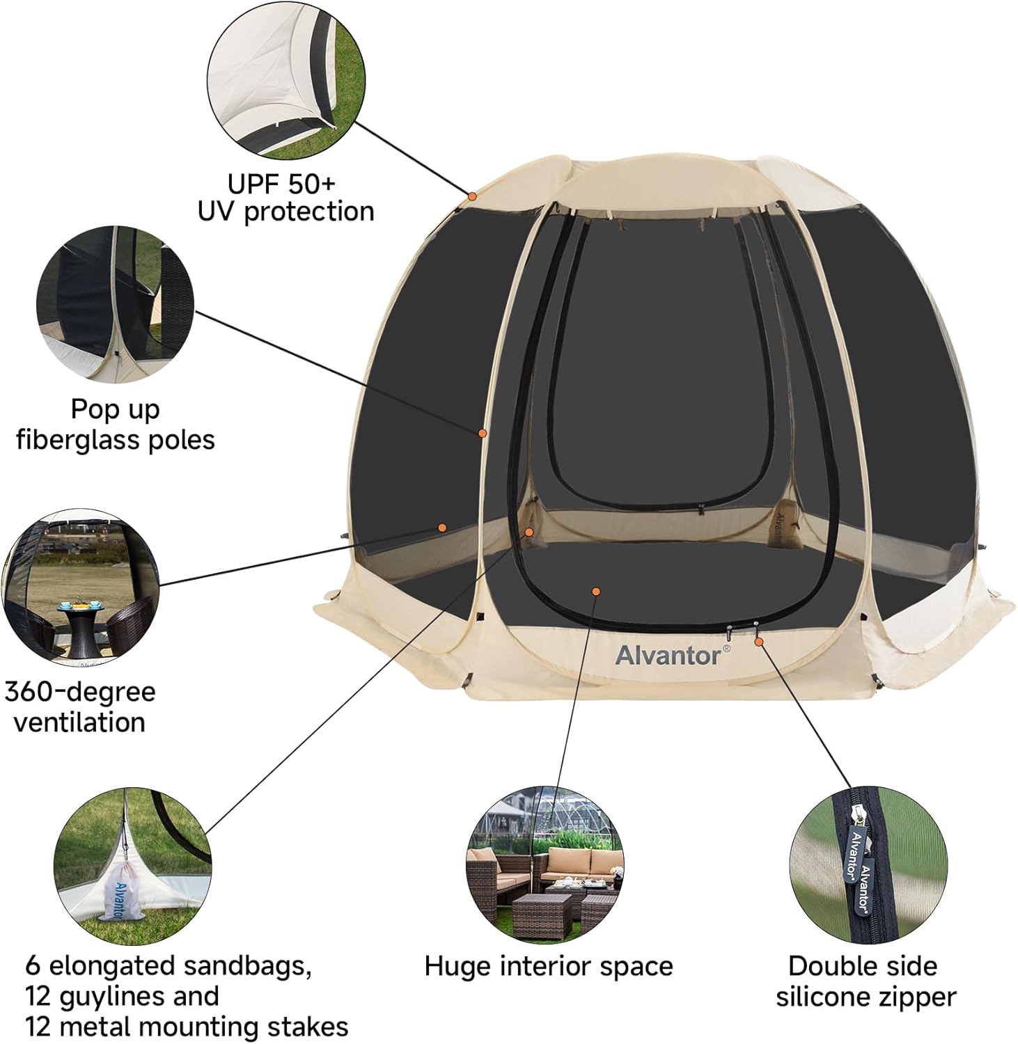 Alvantor Screen House Gazebo, 6-10-15 Person Pop Up Igloo Screened Canopy Tent with Mosquito Netting Sides, Instant UV Resistant Sun Shelter for Garden, Patio, Backyard