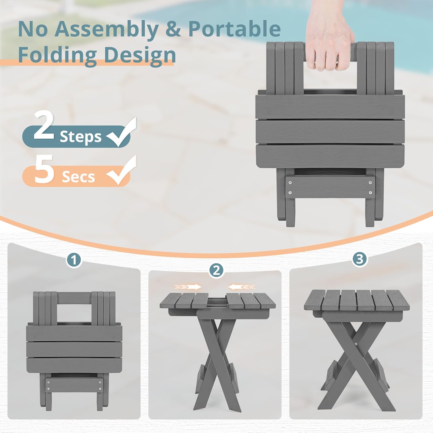 LUE BONA Small Outdoor Folding Side Table, HDPS Outside End Table for Patio, Porch, Deck, Pool, 14 Inch Height, Netural Grey