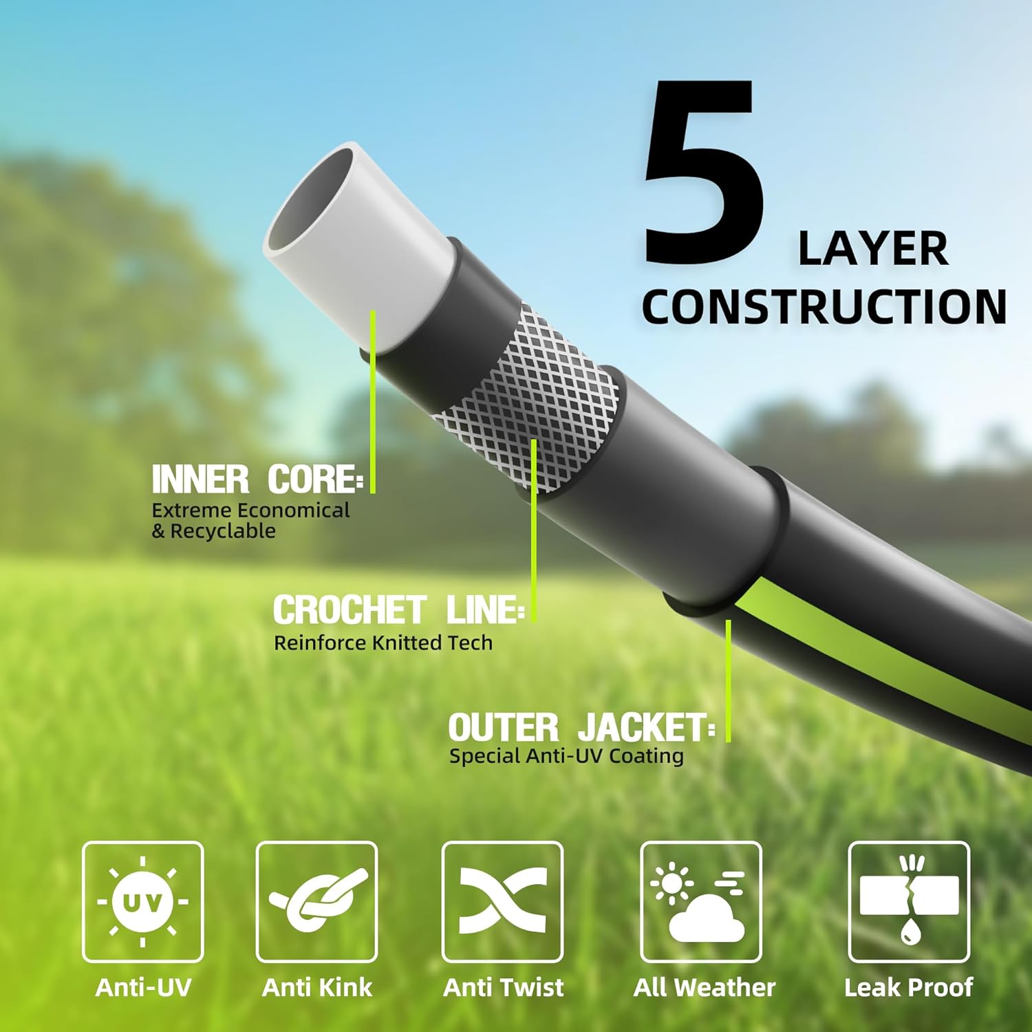 Worth Leader Short Garden Hose 3/4 in. x 10 ft. -No Kink, Flexible, Leakproof, Male to Female Fittings -Heavy Duty Durable PVC Lightweight Water Pipe with Brass Aluminum End for Household & Commercial