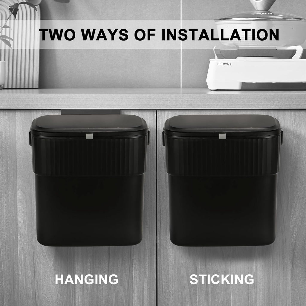 ELPHECO Hanging Trash Can with Lid 2.5 Gallon Kitchen Compost Bin for Under Sink, Plastic Wall-Mounted Garbage Can, Small Kitchen Trash Bin, Small Trash Can with Lid for Office, Bathroom, Black