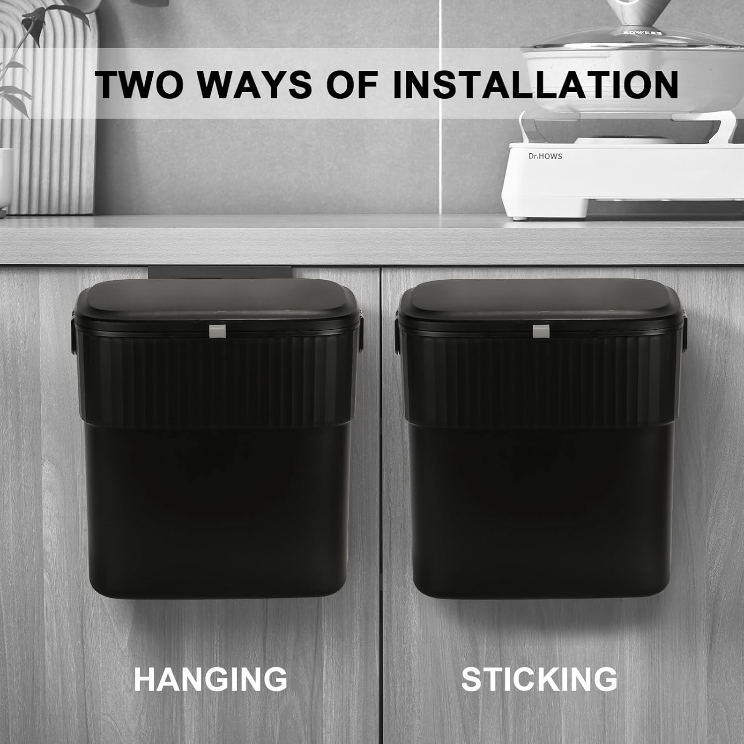 ELPHECO Hanging Trash Can with Lid 2.5 Gallon Kitchen Compost Bin for Under Sink, Plastic Wall-Mounted Garbage Can, Small Kitchen Trash Bin, Small Trash Can with Lid for Office, Bathroom, Black
