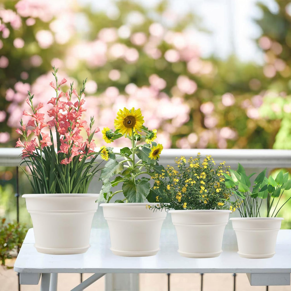 13 Inch Plastic-Flower-Pot-for-Indoor-Plants, 4 Pack Large Outdoor Planter Pot with Drainage Holes & Saucers, Resin Decorative Garden Pots Planters