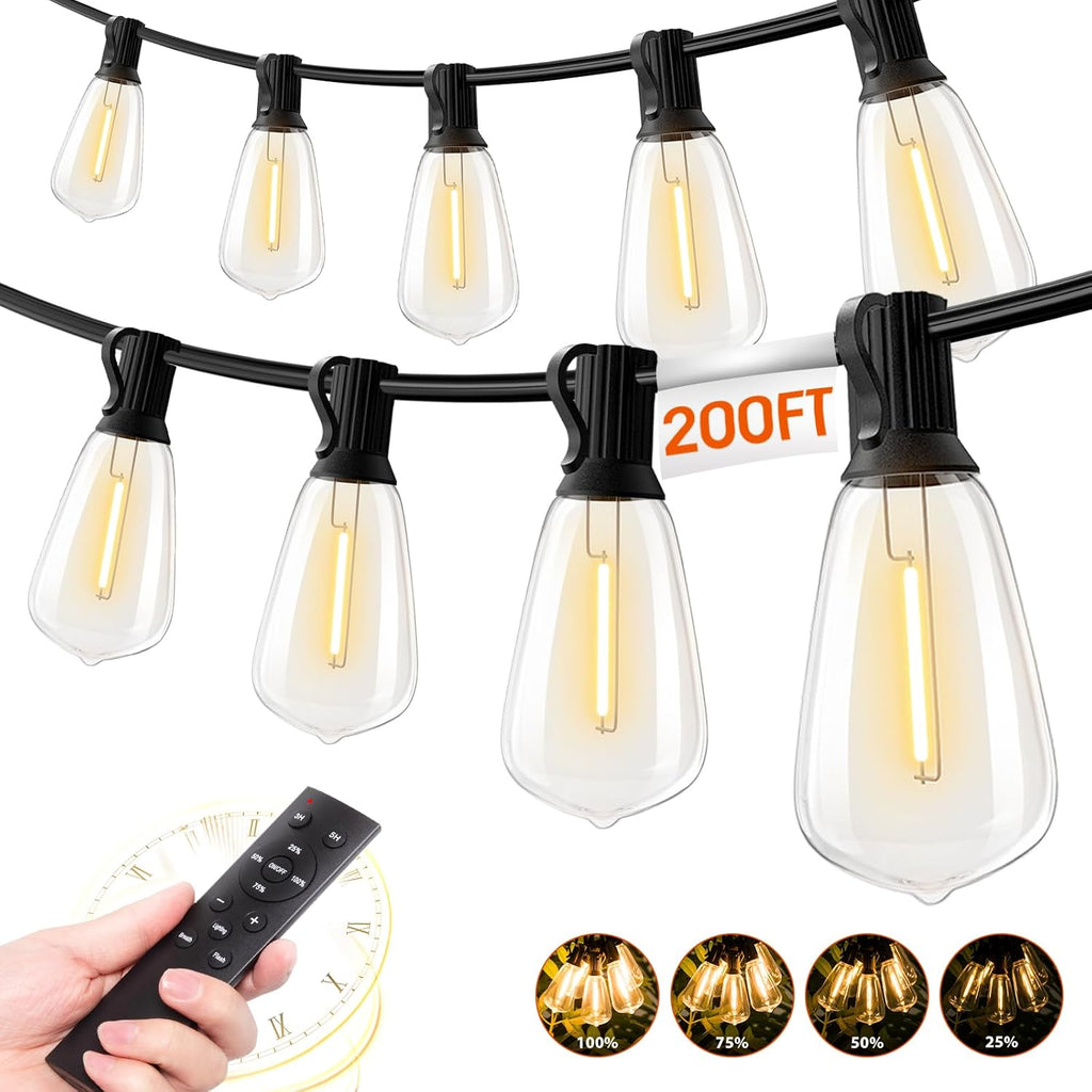 addlon 200 FT (4x50FT) Outdoor String Lights with Remote,Waterproof Patio Lights ETL Listed with 60+4 Shatterproof Dimmable ST38 LED Bulbs,2700K Connectable Outdoor Lighting for Backyard Bistro Garden