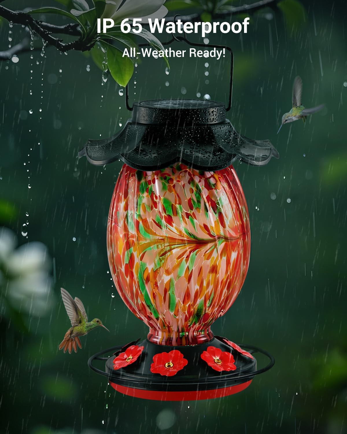 Solar Hummingbird Feeder - 49 fl.oz Hand Blown Glass Color Changing - 7 Feeding Ports with Perch - Never Leak - Perfect Hummingbird Feeder