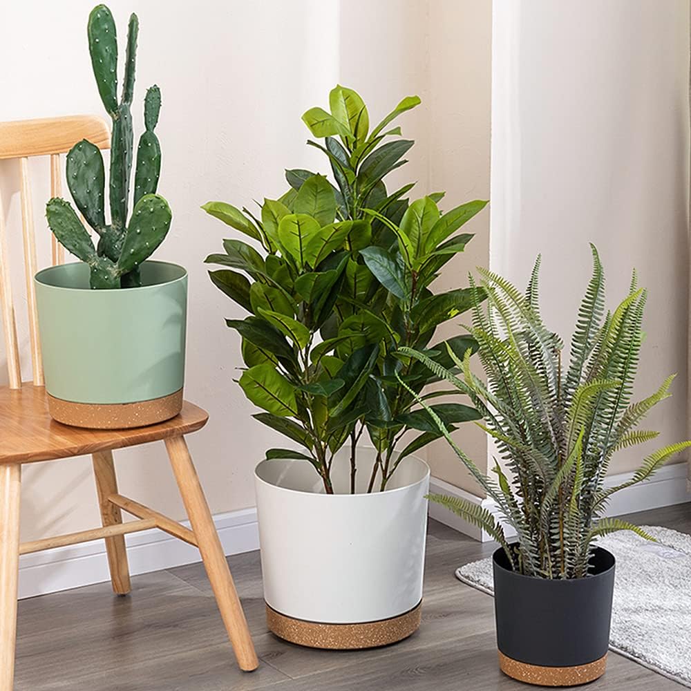 ZMTECH Plant Pots, Set of 3 8'' Self Watering Plastic Planter with Drainage Hole and Saucer, Modern Decorative Flower Pot for Indoor Outdoor House Plants, Succulents, Flowers - White