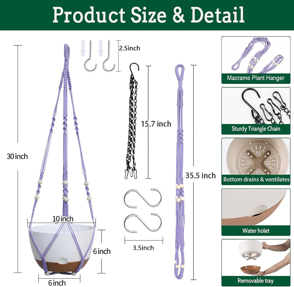 2 Pack Hanging Planters Set,10 Inch Indoor Outdoor Hanging Plant Pot Basket,Hanging Flower Pot with Drainage Hole with 3 Hooks for Garden Home(Purple Hanger White Planters)