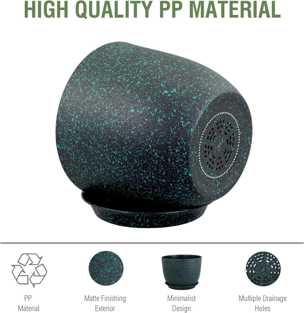 12 inch Large Plant Pots, Plastic Planters with Drainage Holes and Saucers, Flower Pots for Indoor Outdoor Plants, Decorative Pots for Garden House Plants, Black with Green Speckles