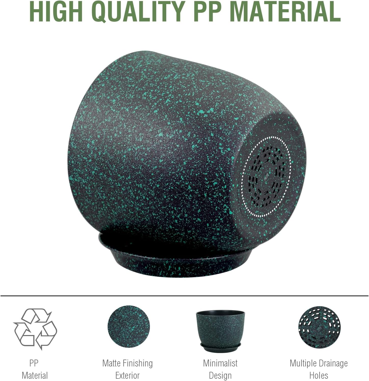 12 inch Large Plant Pots, Plastic Planters with Drainage Holes and Saucers, Flower Pots for Indoor Outdoor Plants, Decorative Pots for Garden House Plants, Black with Green Speckles