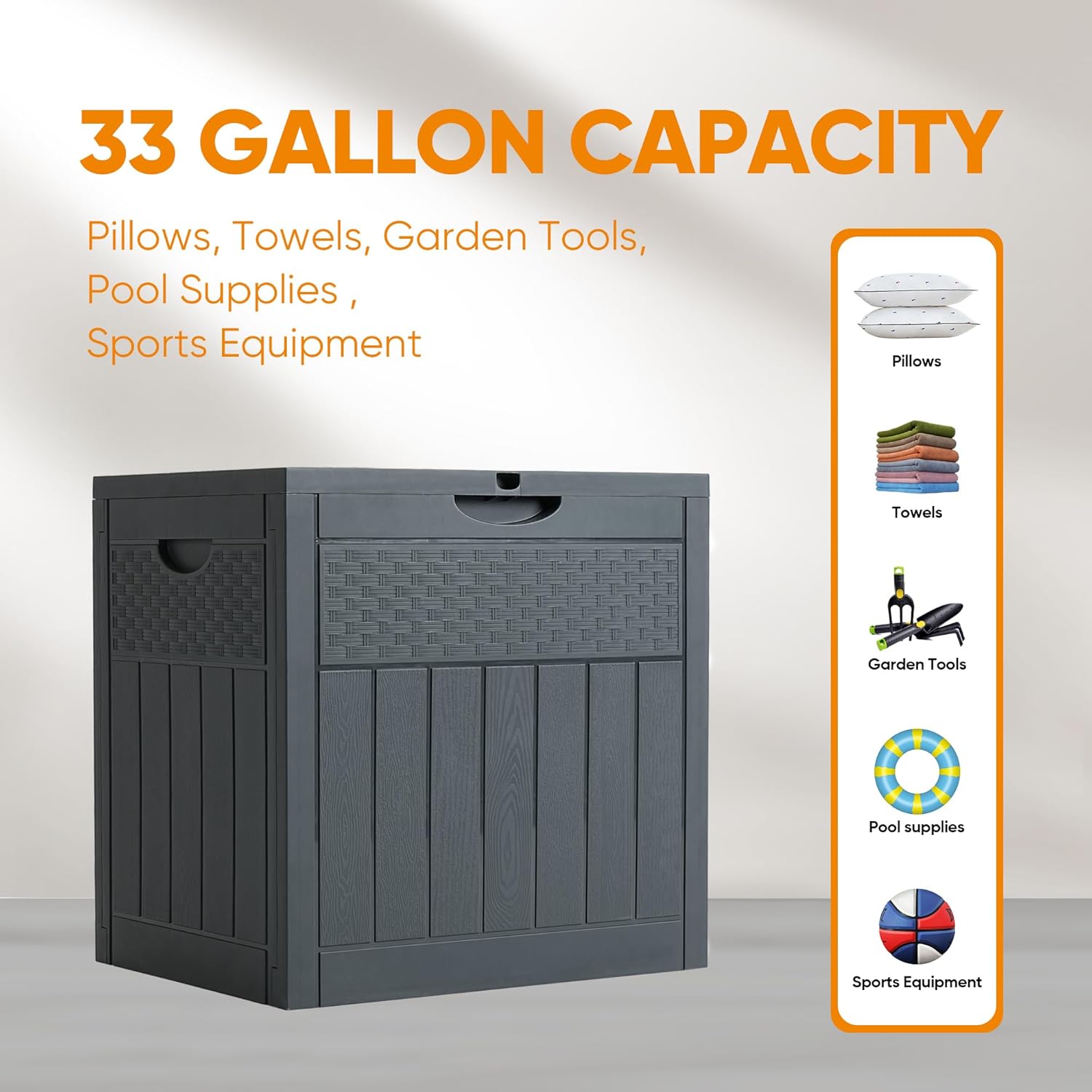 33 Gallon Resin Deck Box, Weatherproof Outdoor Storage Box for Patio, Garden, Pool, and Yard, Lockable Waterproof Bin for Tools, Cushions, and Accessories, Grey
