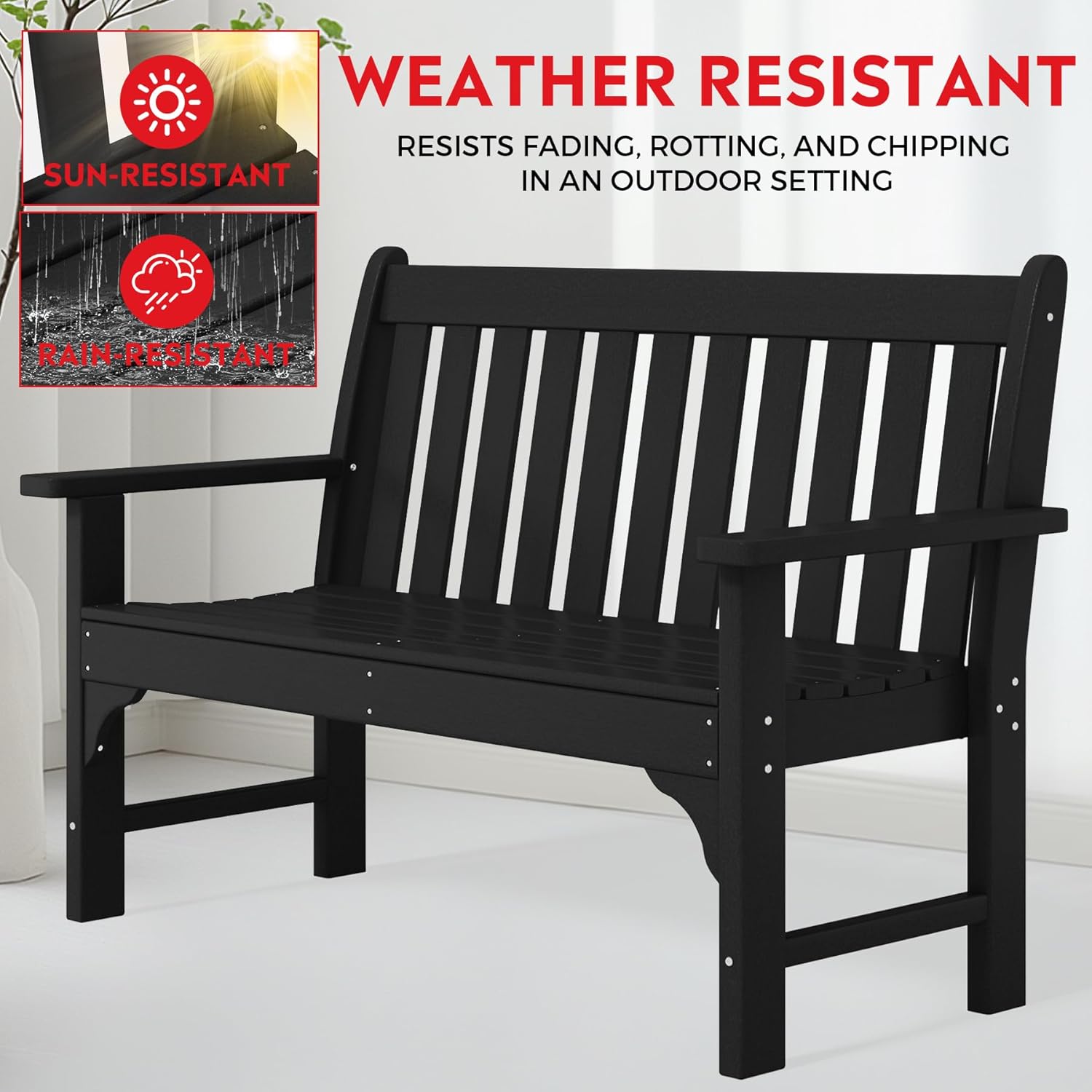 Garden Bench, Farmhouse Park Front Porch for Entryway Bench Outdoor Seating Low Bench Patio Bench Outside/Indoor, Black