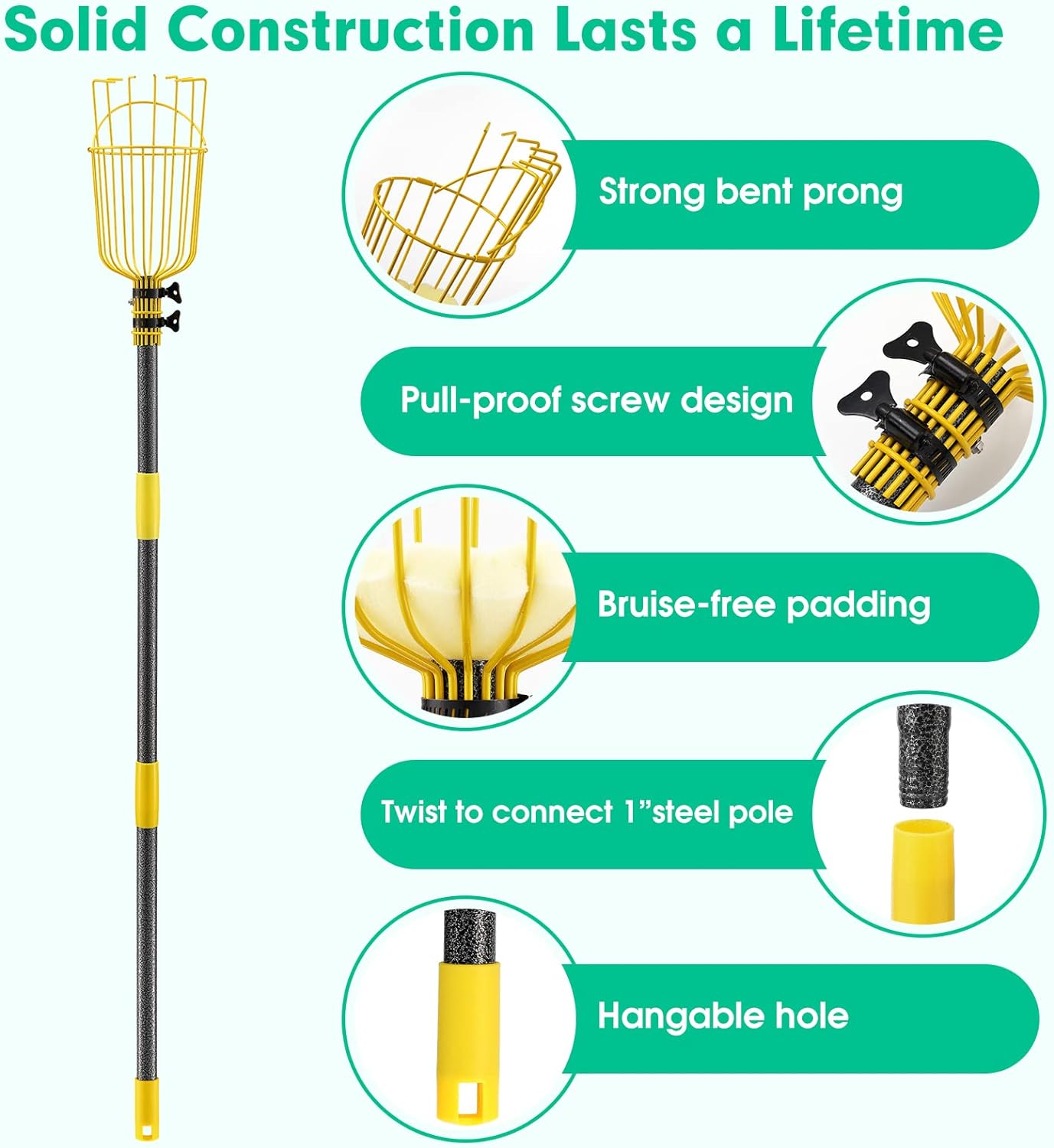 Fruit Picker, 66 Inch Long Heavy Duty Fruit Picker Tool with Fruit Basket, Adjustable Splicing Extension Fruit Picker Pole Fruit Picking Grabber