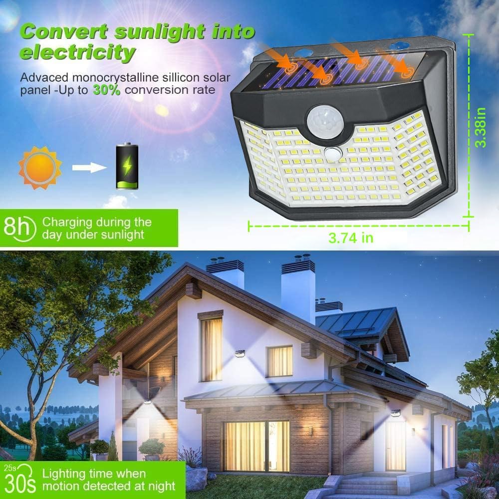 HMCITY 120 LED Outdoor Solar Lights with Motion Sensor and 3 Lighting Modes, IP65 Waterproof Wide Solar Wall Lights Ideal for Garden Patio Yard (Front Button 6Packs, Daylight White)