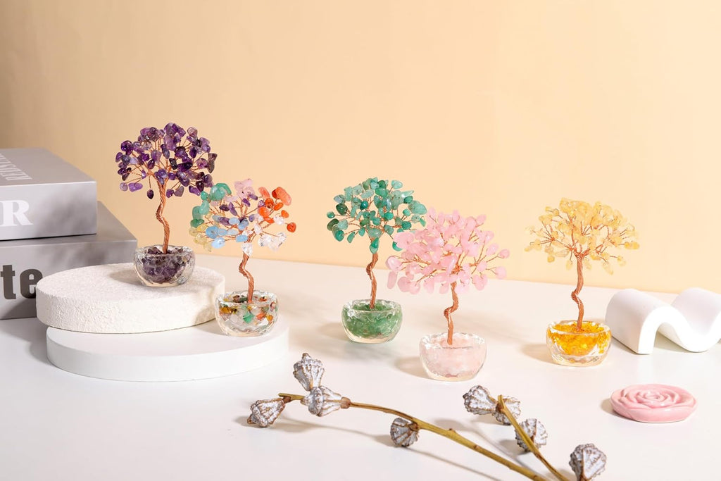 Jovivi Small Green Aventurine Crystal Tree, Natural Crystal Healing Stones Tree Glass Bowl Base Gemstone Money Trees Feng Shui Good Luck Home Desk Decor
