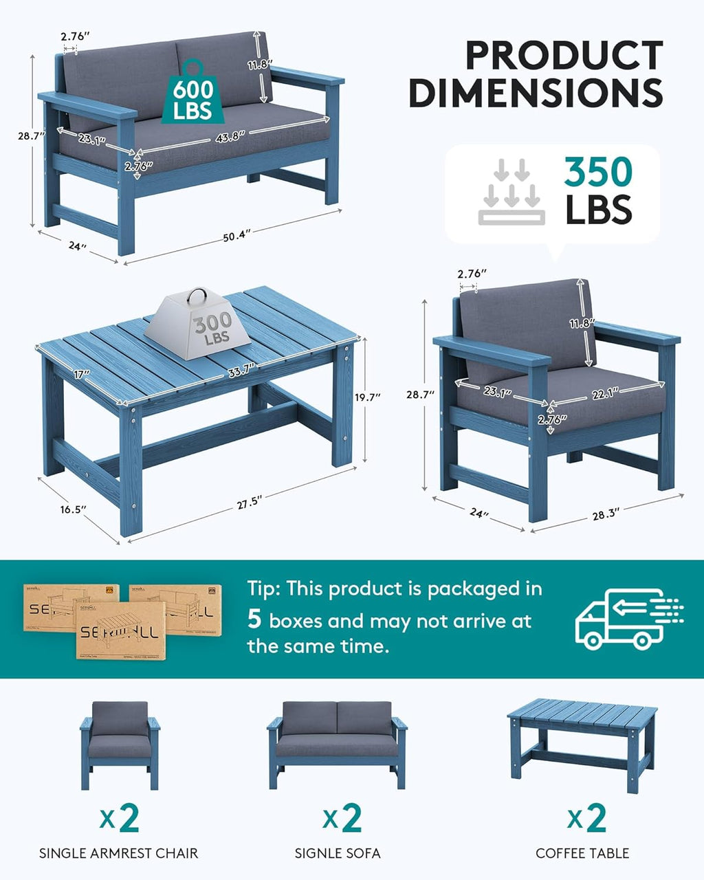 SERWALL 6 Pieces HDPE Outdoor Conversation Sofa Set with Cushions, All Weather Couch Loveseat Furniture with Coffee Table and Cushion, Outdoor Social Sofa Set, Blue Frame with Grey Cushions