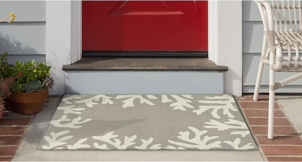 Liora Manne CAPRI Indoor/Outdoor Handmade Synthetic Blend Durable Area Rug - Traditional Border Coastal Beach Accent (Coral Border Silver) (2' x 3')