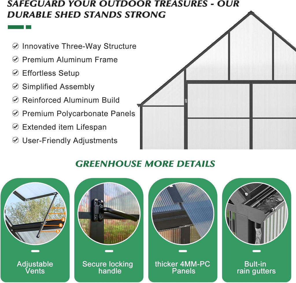 10'x10'x20' Snap-Together Greenhouse - Easy 3-Way Connectors, Heavy-Duty Aluminum Frame, Wind/Snow Resistant for Gardening/Urban Farming, Includes Sliding Door & Ventilation Windows