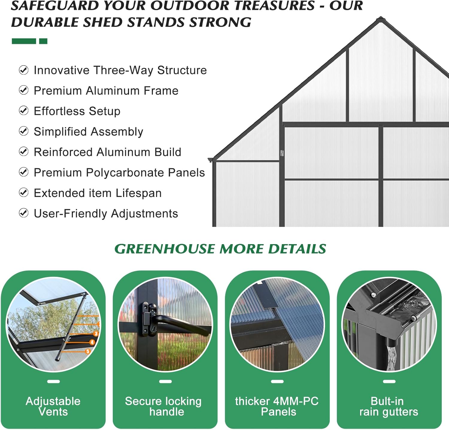 10'x10'x20' Snap-Together Greenhouse - Easy 3-Way Connectors, Heavy-Duty Aluminum Frame, Wind/Snow Resistant for Gardening/Urban Farming, Includes Sliding Door & Ventilation Windows