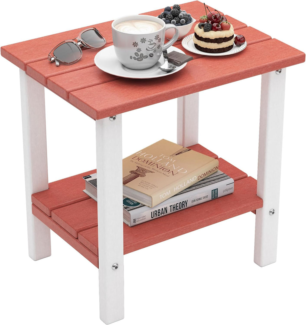 Outdoor Side Table, End Table for Adirondack Chair, 18" Patio Table for Porch, Yard, Weather Resistant (Red & White)