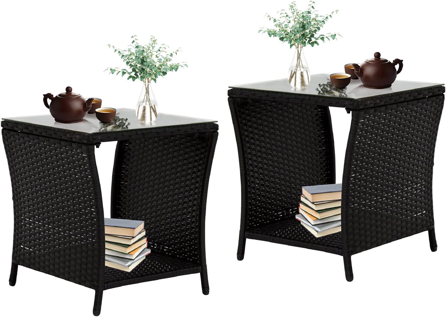 Outdoor Small Patio Table - PE Rattan Coffee Table, Wicker Side Table for Patio, Balcony & Porch, Durable & Iron Frame (2, Dark Black)