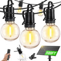 100FT Solar Lights Outdoor String Lights Waterproof G40 Patio lights Solar Powered with Remote USB Port 30+2 LED Shatterproof Bulbs 3 Light Modes, Dimmable Solar Lights for Camping for Porch Backyard