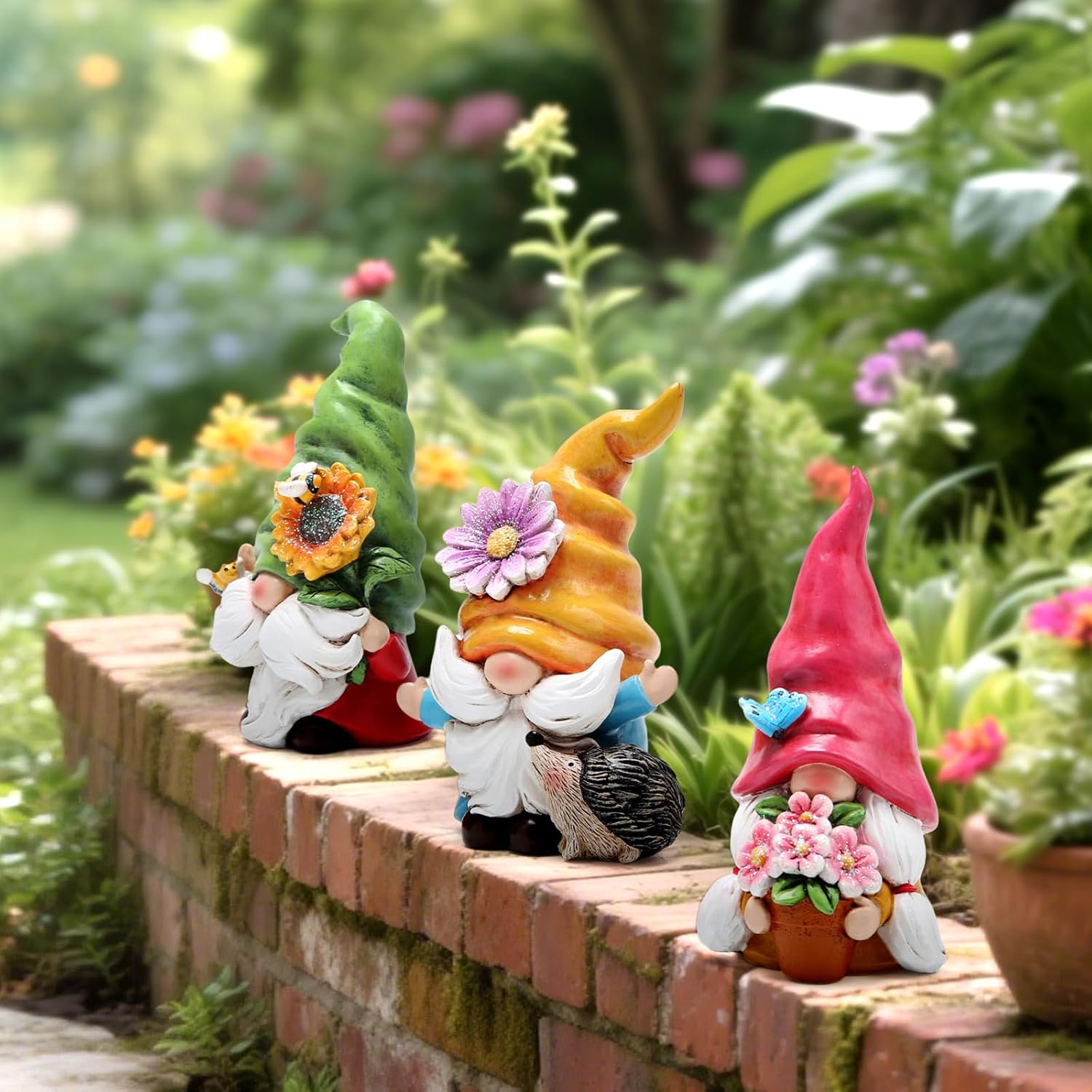 Hodao Set of 3 Spring Gnome Decorations Flower Gnomes Ornaments Decor Summer Outdoor Figurines Spring Elves for Porch, Garden Yard, Flower Bed Garden Gifts for Women, Mom (Multicolor)