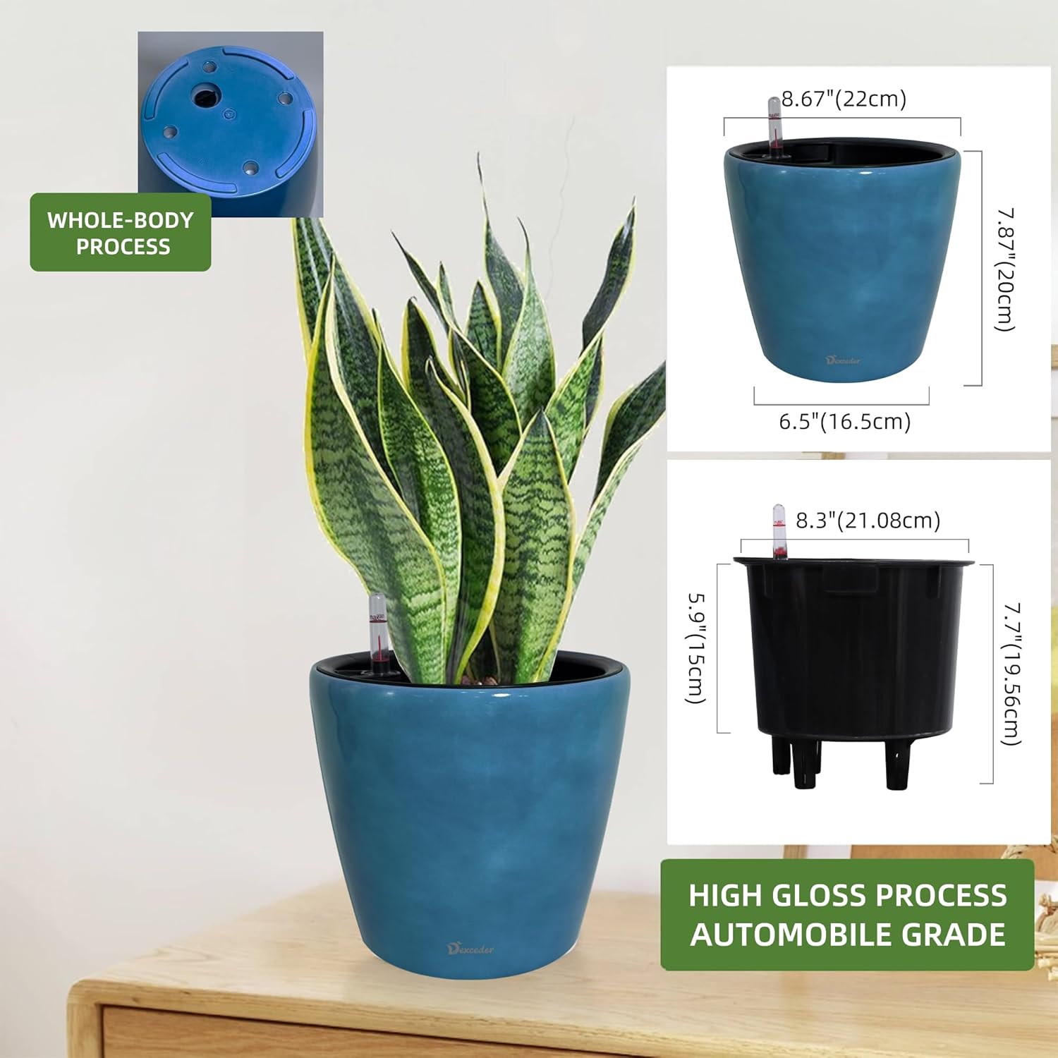 Dexceder 9x8 Inches Self Watering Planter Indoor Outdoor, Inner Pot Design, Thickened Table Flower Plant Pot with Water Level Indicator (Peacock Blue Gradient)
