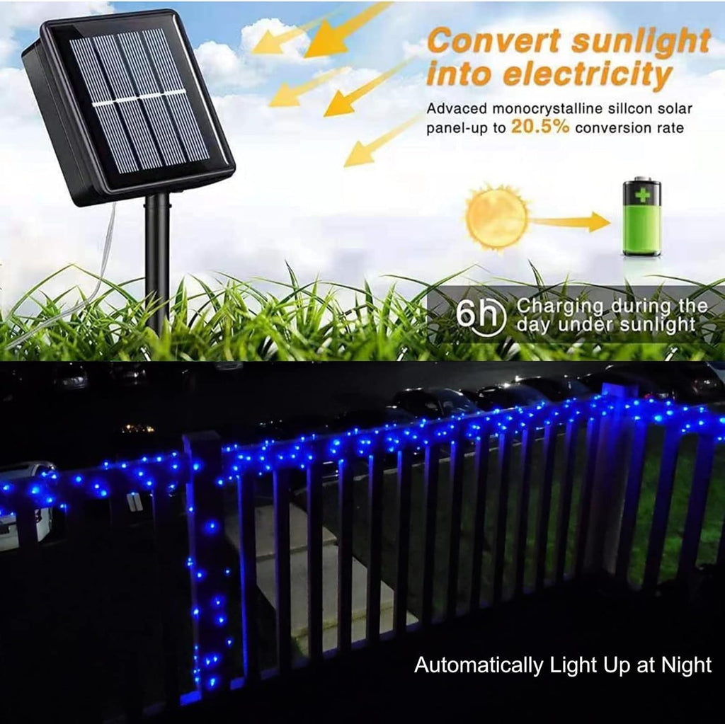 QITONG Blue Solar Fairy Lights, 4 Pack Each 33ft 100 LED String Lights Outdoor Waterproof, 8 Modes Silver Wire Twinkle Mini Lights