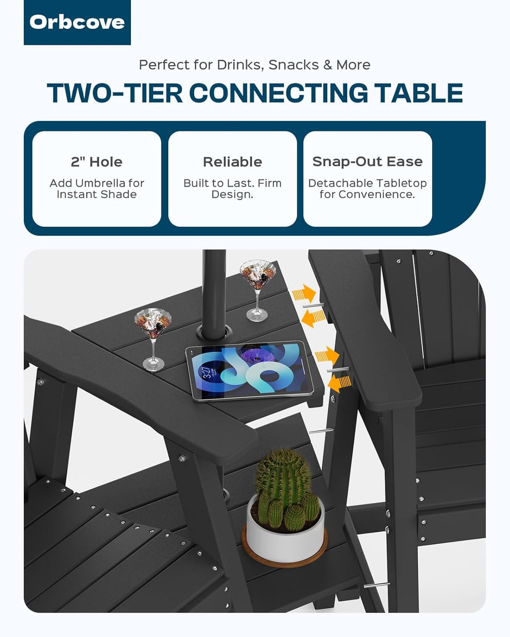 Tall Adirondack Chairs Set of 2 with Double Layer Connecting Table, HDPE Bar Height Outdoor Table and Chairs with Umbrella Hole, All Weather Outdoor Bar Stools for Patio, Deck,Backyard(Black)