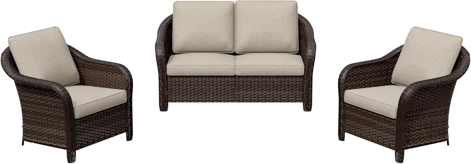 3 Pieces Outdoor Patio Conversation Set, 55" Couch, 2 Chairs, Rattan Wicker Conversation Furniture with Removable Cushions for Bistro, Deck (Beige)