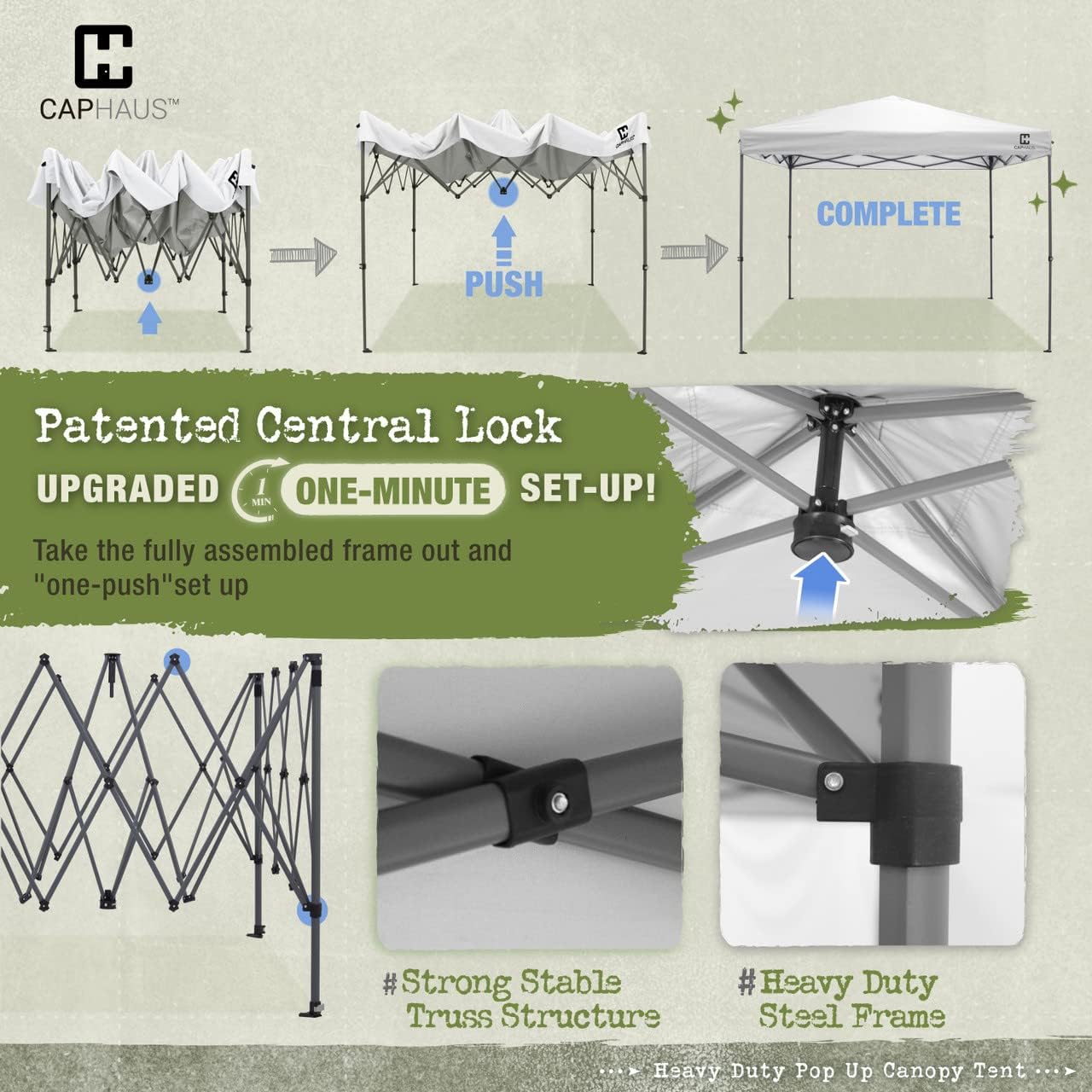 CAPHAUS Patented One-Push Pop Up Outdoor Canopy Tent, Heavy-Duty Commercial Grade w/Central Lock, Portable and Instant Folding Shelter with Wheeled Carry Bag and Weight Bag, 10ft x 10ft, Blue