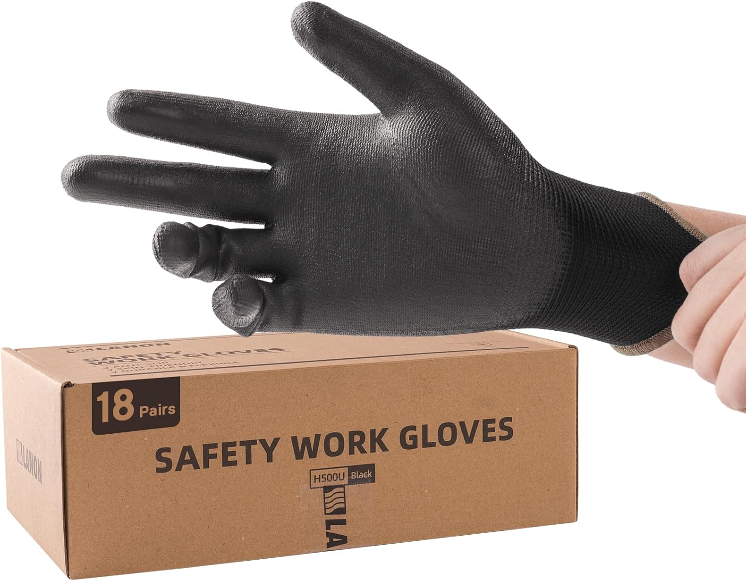 LANON Safety Work Gloves for Men and Women, 18 Pairs Mechanic Black Working Gloves with Grip Odorless PU Coated, Seamless Knit, Full Fingertip Touchscreen for Light Duty Working Gloves, Large