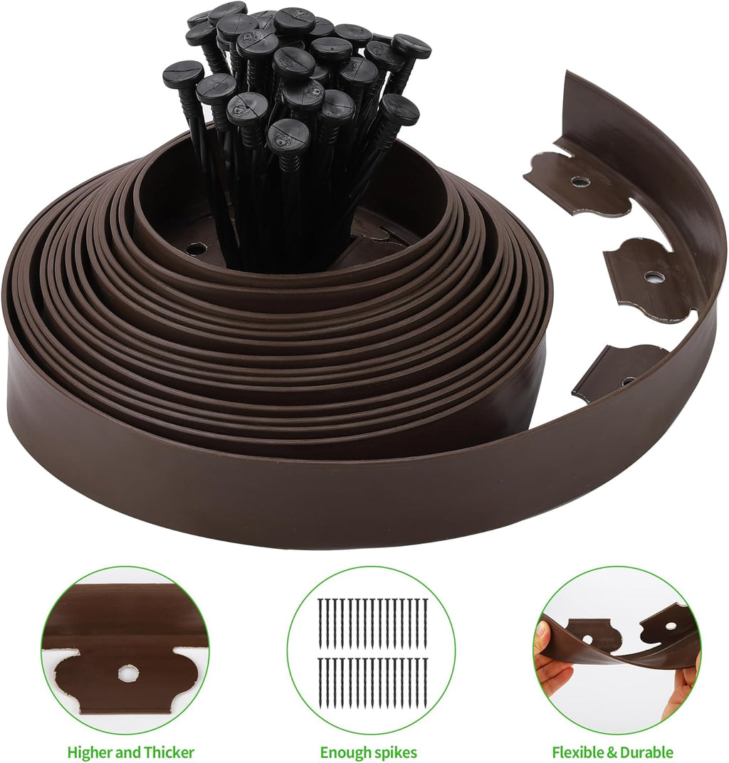 2" x 33FT Landscape Edging Kit, Garden Edging Coil Comes with 30 Pcs Spikes, No Dig Lawn Border Design, Brown