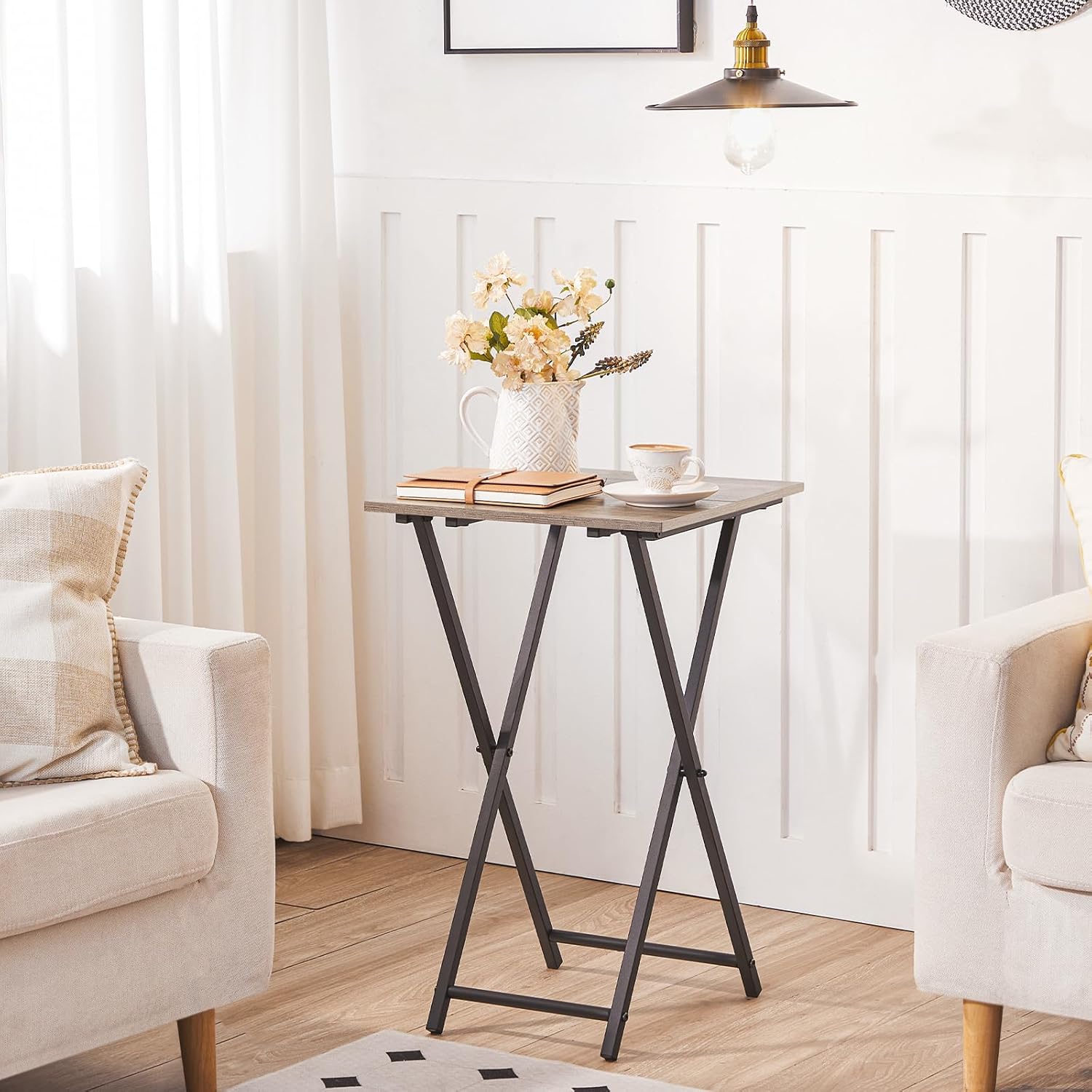 HOOBRO Folding TV Tray Table, Wooden TV Tray, Portable Sofa Side Snack Table, Industrial Desk for Small Spaces, Space-Saving, Easy to Install and Fold, Greige and Black BG27BZ01